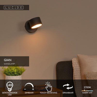 Lucide GIAN - Wandlamp - LED Dimb. - 1x9W 2700K - Zwart